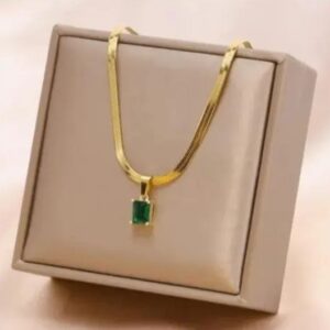 Green Emerald Zirconia Flat Snake Chain Pendant Necklace