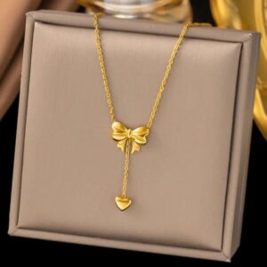 Heart Drop Bow Knot Necklace – 18K Gold Plated Waterproof Anti-Tarnish Jewellery