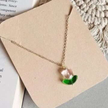 Korean glass tulip pendant chain necklace gold tone plated