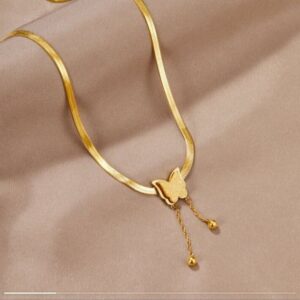 Korean Style Flat Snake Chain Butterfly Pendant Necklace 18K Gold Plated Anti Tarnish Waterproof