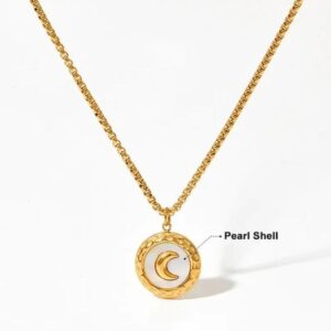 Pearl Shell Moon Stud Necklace 18K Gold Plated Waterproof Pendant