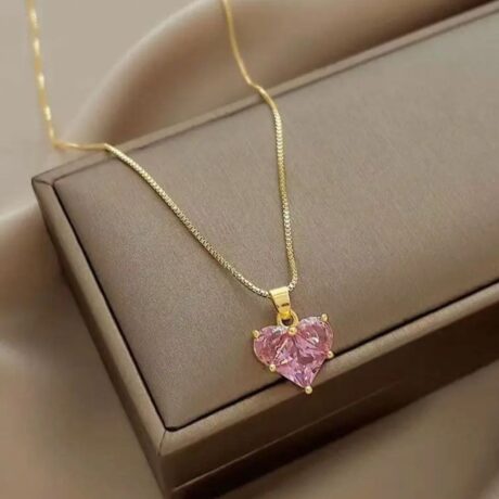 Pink crystal pendant necklace with gold plated four side phase chain
