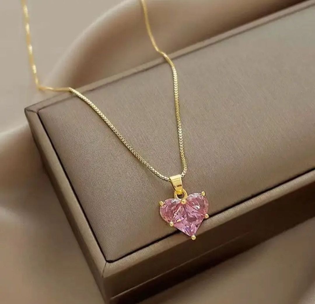 Pink crystal pendant necklace with gold plated four side phase chain
