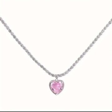 Pink Heart Stone Silver Plated Chain Choker Necklace – Waterproof Anti-Tarnish Jewellery