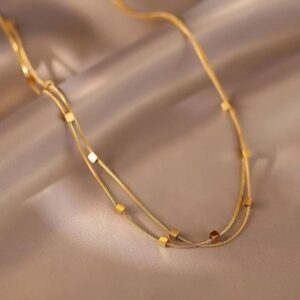 Retro double layer herringbone cubic square beads necklace 18K gold plated