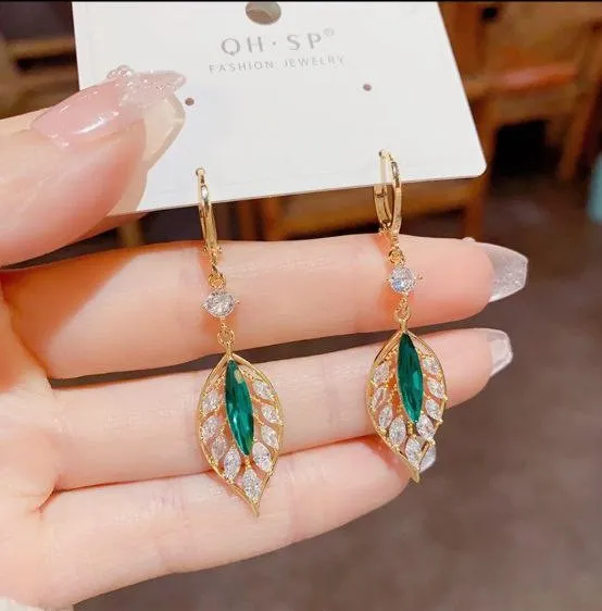 Green Rhinestone Leaf Drop Earrings