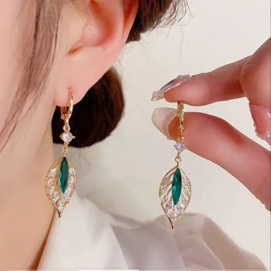 Green Rhinestone Leaf Drop Earrings - Image 2