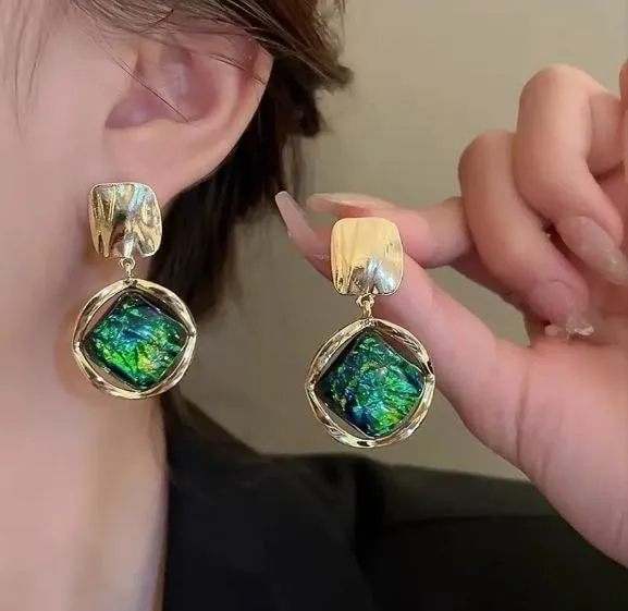 Vintage Green Geometric Drop Earrings